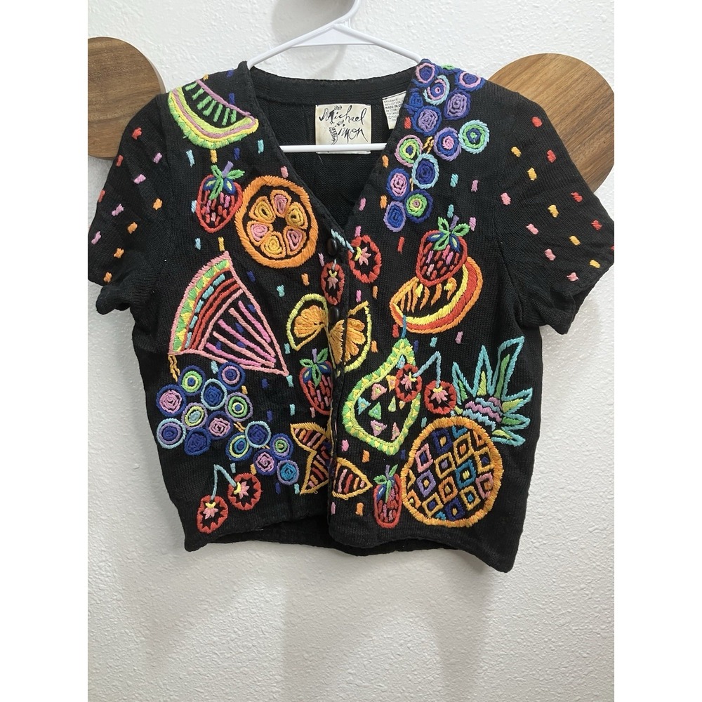VTG 1995 Michael Simon Petites Short Sleeve Cardigan Sweater Fruit Embroidery XS